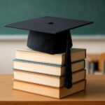 A graduation cap positioned atop a stack of books on a wooden table with a blurred classroom background.