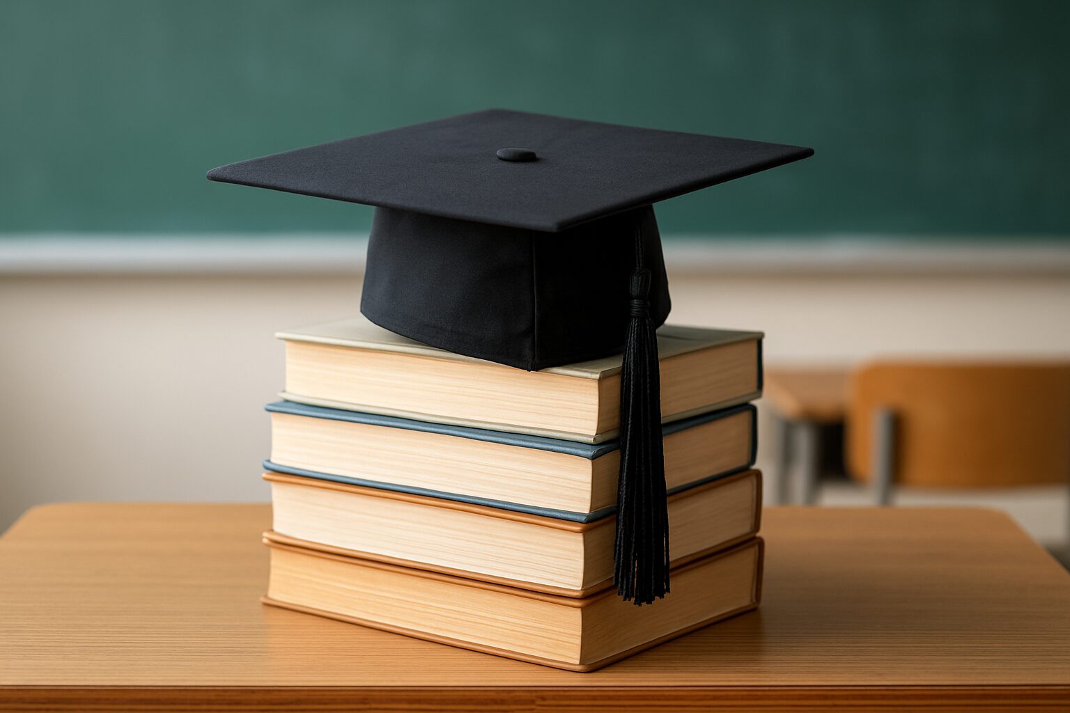 A graduation cap positioned atop a stack of books on a wooden table with a blurred classroom background.
