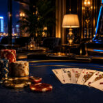 Interior of a casino with poker chips and playing cards on a table