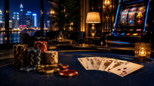 Interior of a casino with poker chips and playing cards on a table
