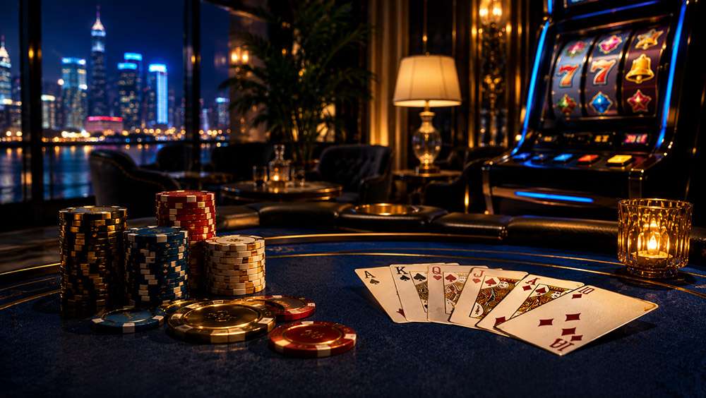 Interior of a casino with poker chips and playing cards on a table