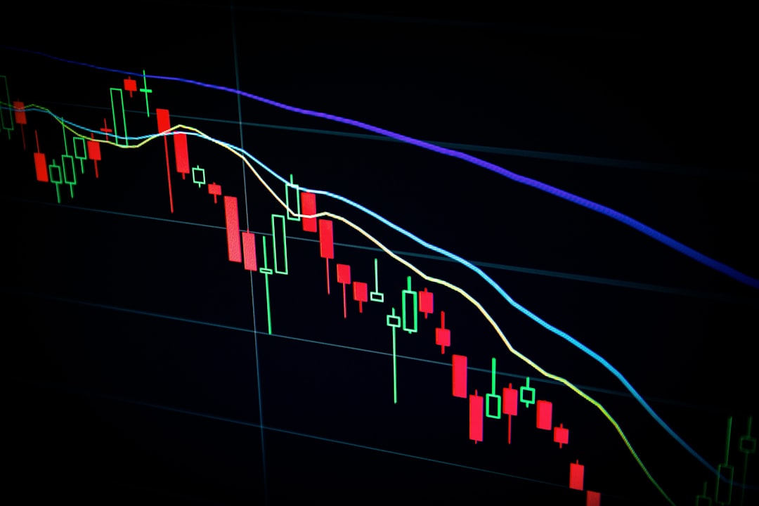Close-up of a stock market chart with candlestick patterns and moving averages