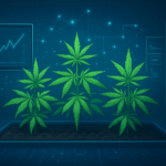 Illustration of cannabis plants growing in a digital environment with charts in the background