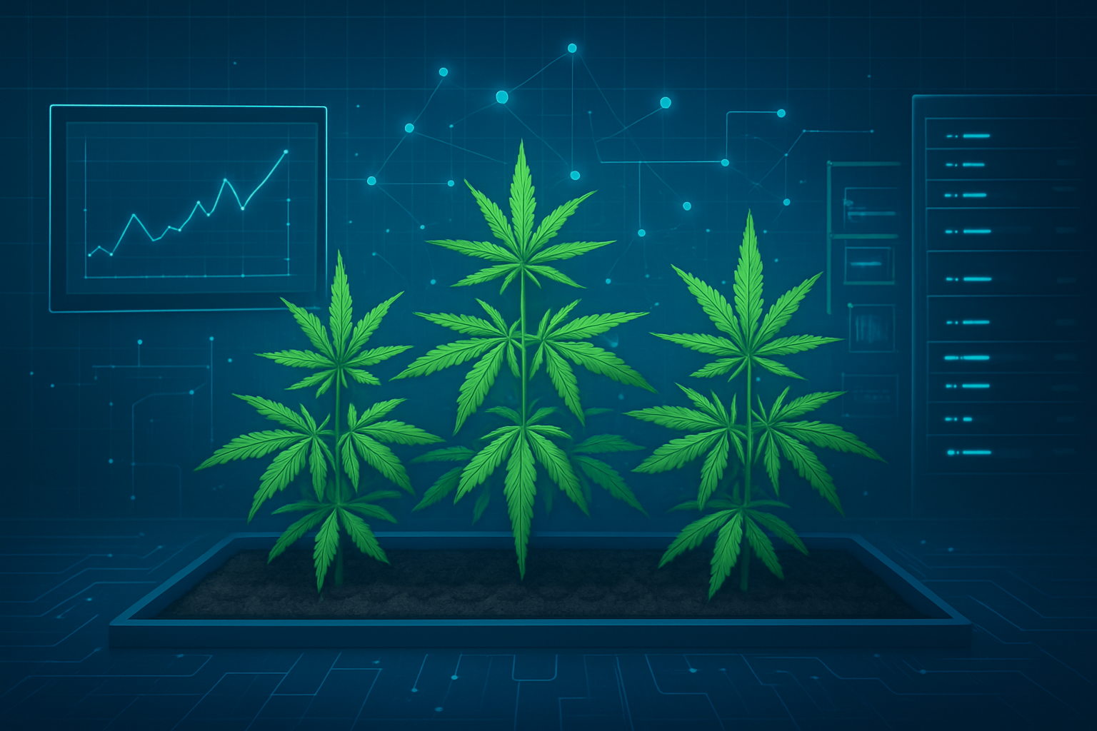 Illustration of cannabis plants growing in a digital environment with charts in the background