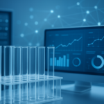A clear rack of test tubes in front of a computer screen displaying data analytics, symbolizing lab data accuracy.
