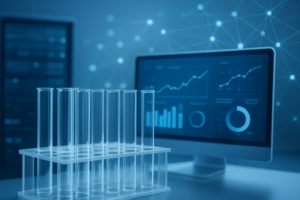 A clear rack of test tubes in front of a computer screen displaying data analytics, symbolizing lab data accuracy.