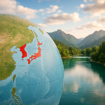 Globe highlighting South Korea surrounded by natural scenery