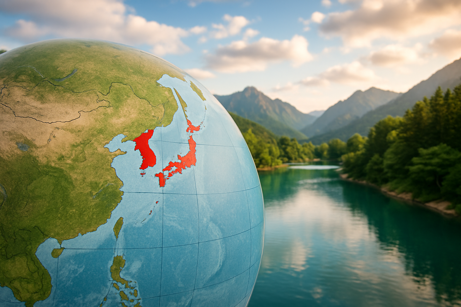 Globe highlighting South Korea surrounded by natural scenery